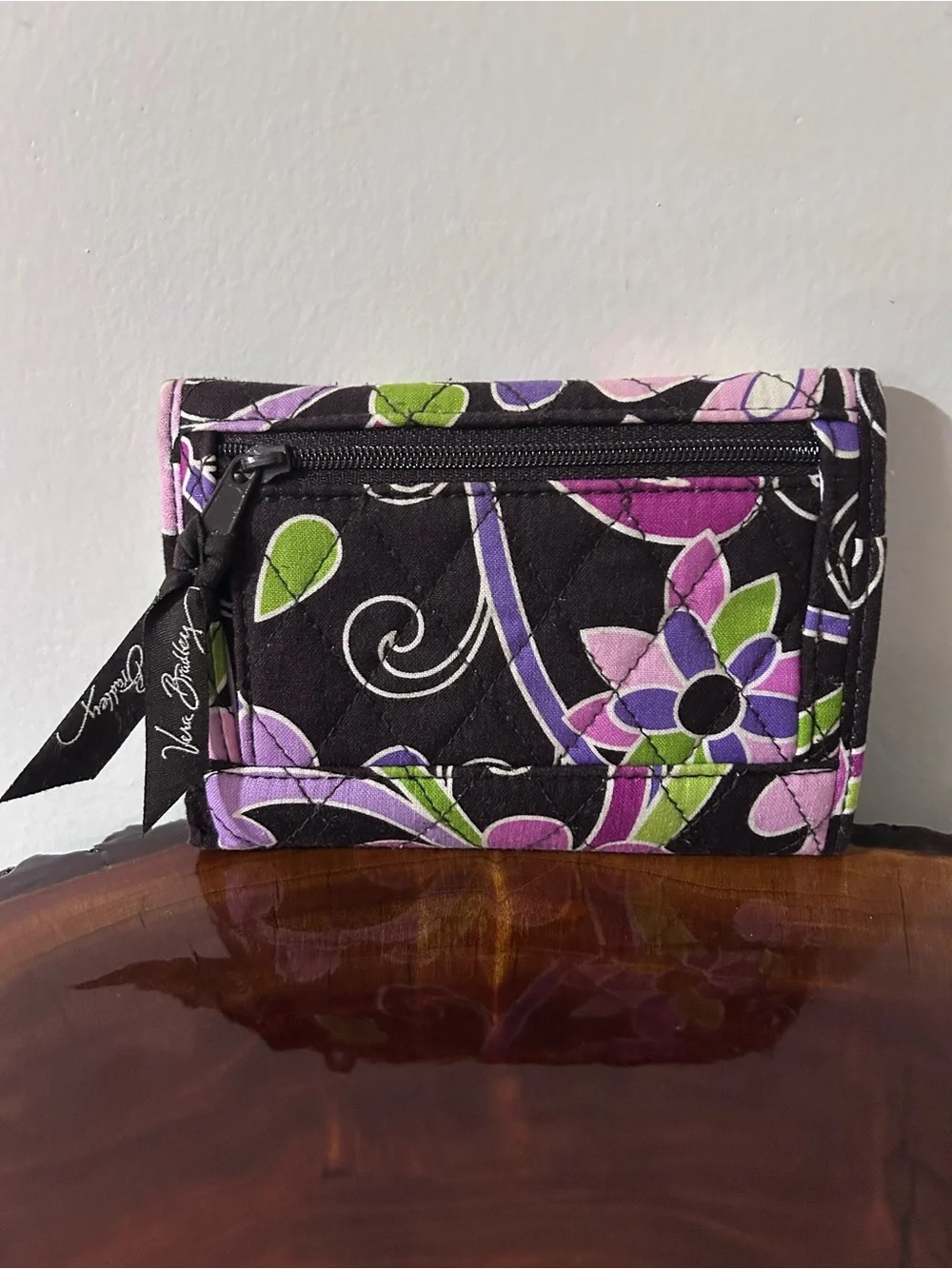 Vera Bradley Quilted Floral Trifold Wallet in Purple, Green and Black